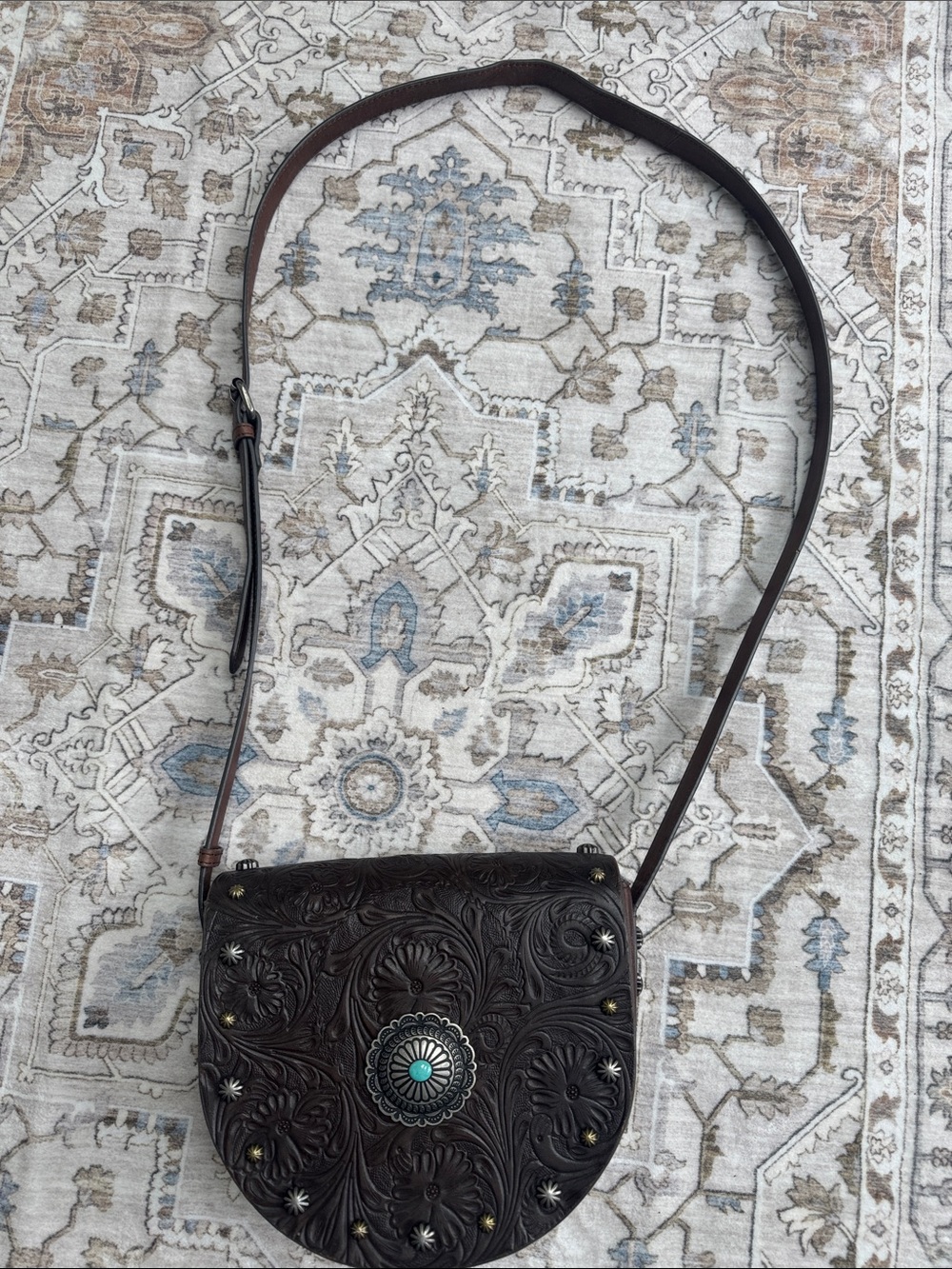 Shyanne Dark Brown Leather Crossbody with Turquoise Concho